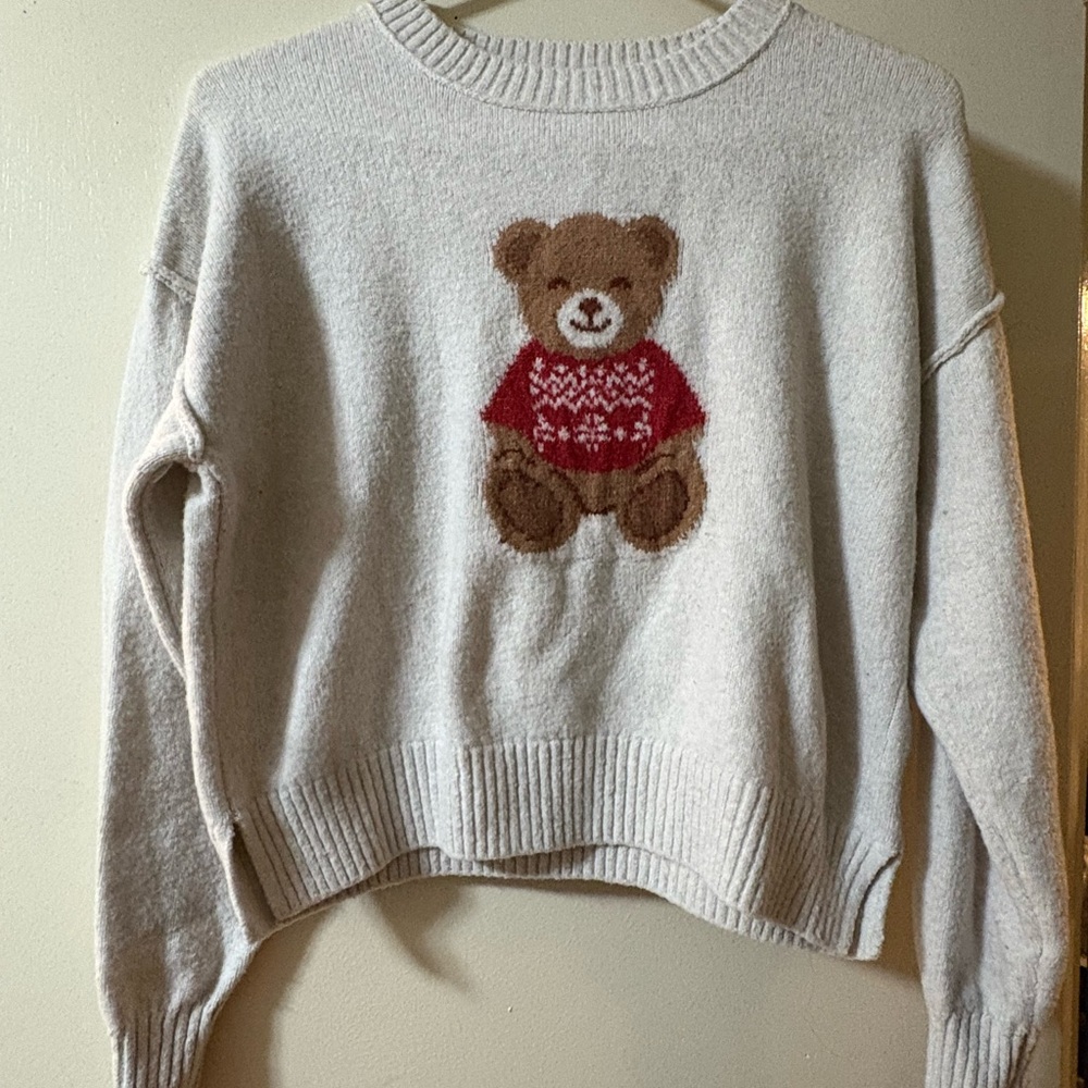 Pink Rose Cream Crewneck Sweater with Brown Teddy and Red Accent